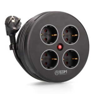 Enrollacables con 4 tomas 2p+t schuko, con protección, 16 a 250 v, cable h05vv-f 3g1,5mm² de 5 m, negro