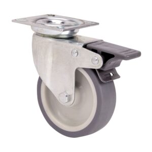 Rueda giratoria de goma con placa, eje liso y freno, color gris, carga máx. 60 kg, ø 8 cm
