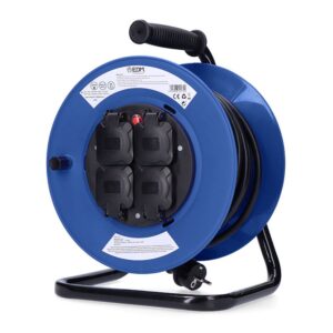 Enrollacables 25 m 3 g 2,50 mm² 4 tomas bipolares con t/tl con tapas profesional con protector termico 3000w 230v