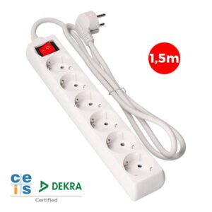 Base múltiple 6 tomas 2p+t con interruptor luminoso, 16a 250 v~ 1,5 m de cable h05vv-f 3 g 1,5 mm² blanca