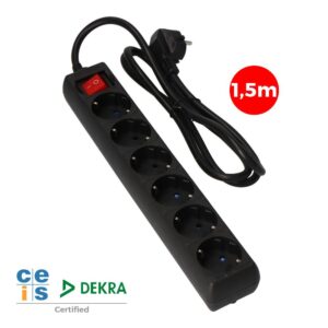 Base múltiple 6 tomas 2p+t con interruptor luminoso, 1,5 m de cable h05vv-f 3g1,5 mm², 16a 250v~, negra