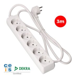 Base múltiple, 6 tomas schuko 2p+t, 3 m de cable h05vv-f 3g1,5 mm² 16a 250v~ 3680 w, blanca