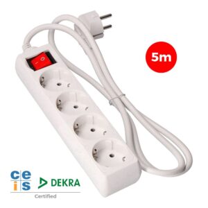 Base múltiple 4 tomas 2p+t con interruptor luminoso, 5 m de cable h05vv-f 3g1,5 mm², blanca