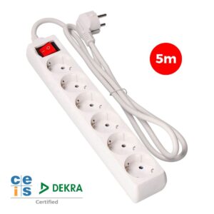 Base múltiple 6 tomas 2p+t con interruptor luminoso, 5 m de cable h05vv-f 3g1,5 mm², blanca