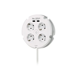 Base múltiple redonda 4 tomas 2p+t schuko, con interruptor+ 2 usb, 1,5 m de cable h05vv-f 3g1,5 mm², 16 a 250 v~, blanca