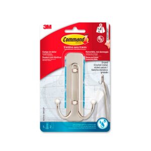 Gancho doble, grande, níquel satinado, 1 ud + 2 tiras,carga max 1,8 kg