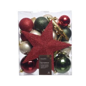 Accesorios para decorar el árbol de navidad. colores: verde, dorado y rojo, 33 piezas