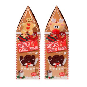 Caja navideña con calcetines y chocolate en forma de galleta de gengibre, modelos variados