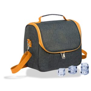 Nevera tipo bolsa 9 l diseño tejana gris con ribete y asa naranja, 26 x 15 x 25 cm