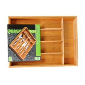Organizador de cubiertos extensible de bambú con 6 compartimentos 35 x 25-39,2 x 4,5 cm